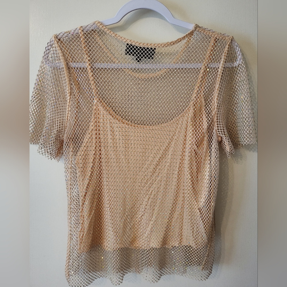 Sunday In Brooklyn Anthropologie Light Peach/Beige Elegant Mesh Rhinestone Top - Picture 5 of 8